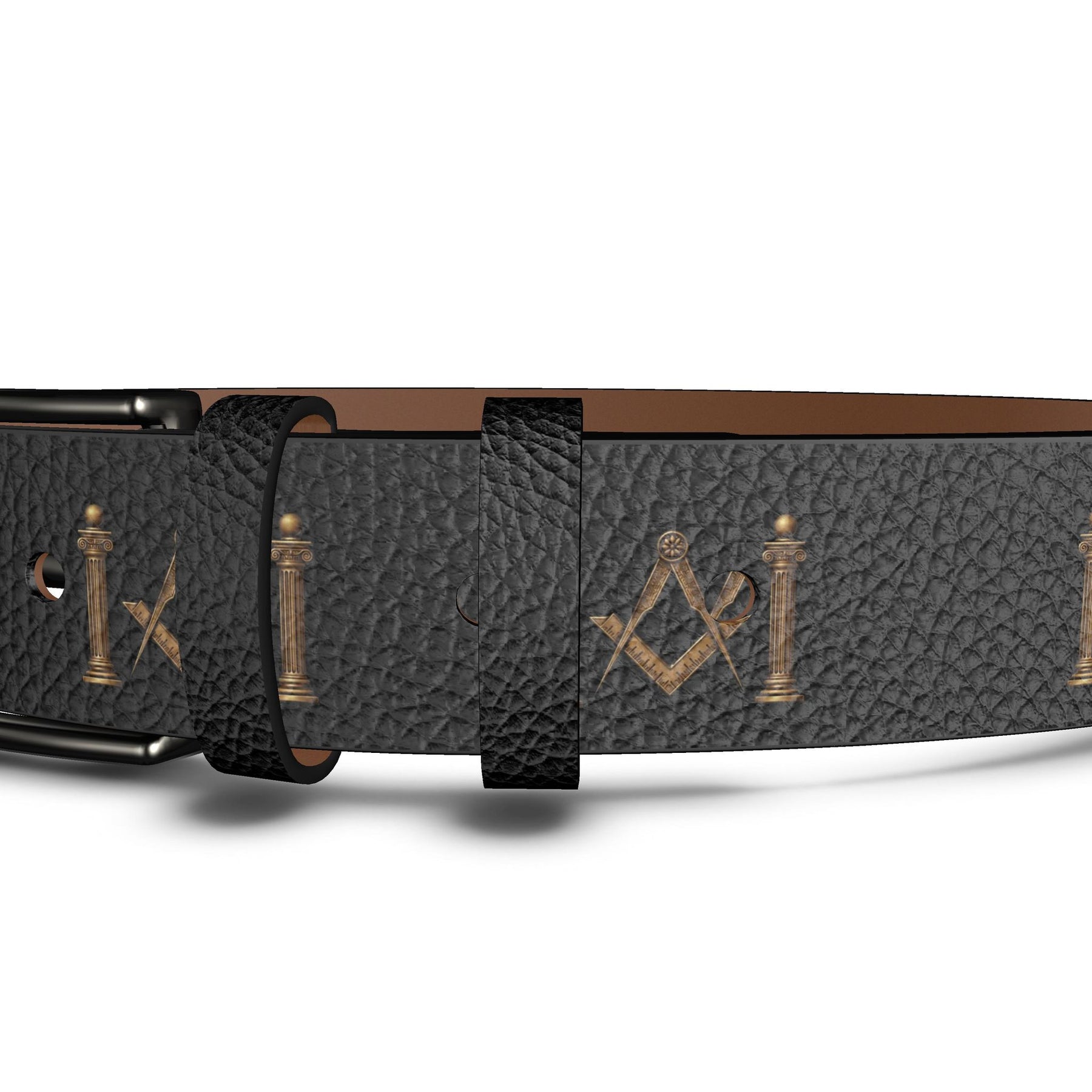 Master Mason Blue Lodge Belt - Genuine Leather Gold Square & Compass With Pillars
