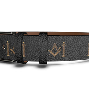 Master Mason Blue Lodge Belt - Genuine Leather Gold Square & Compass With Pillars