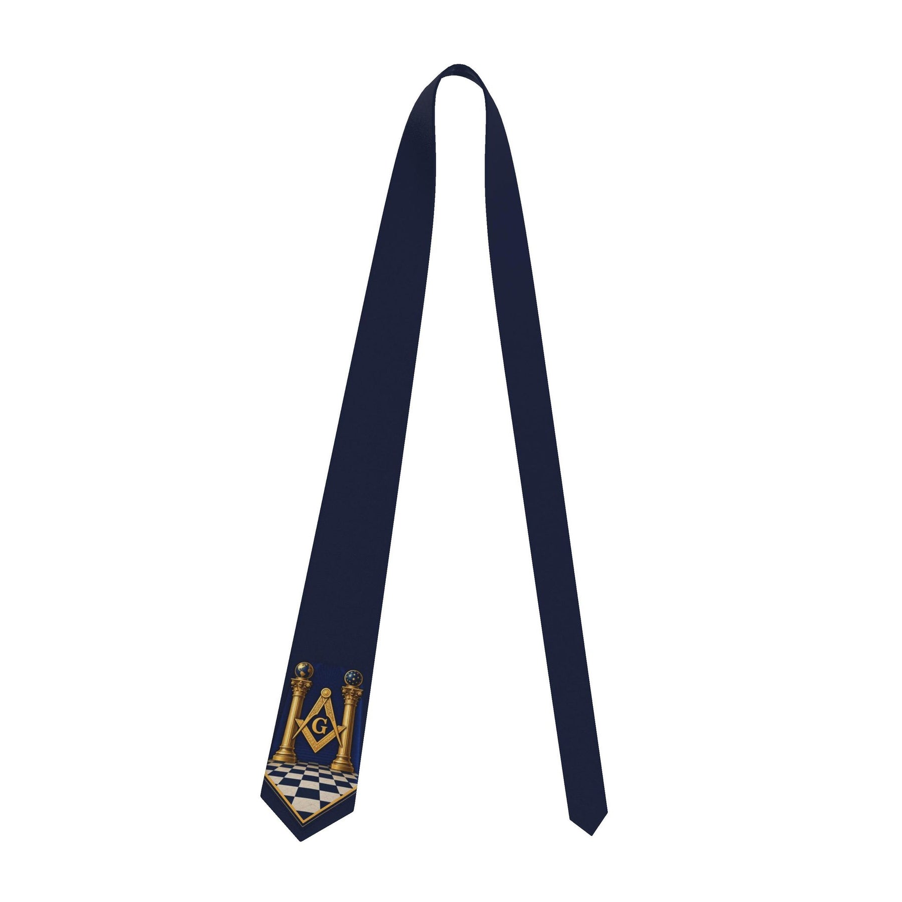 Master Mason Blue Lodge Necktie - Navy Blue Premium Satin Gold Square & Compass With Checkered Floor - Bricks Masons
