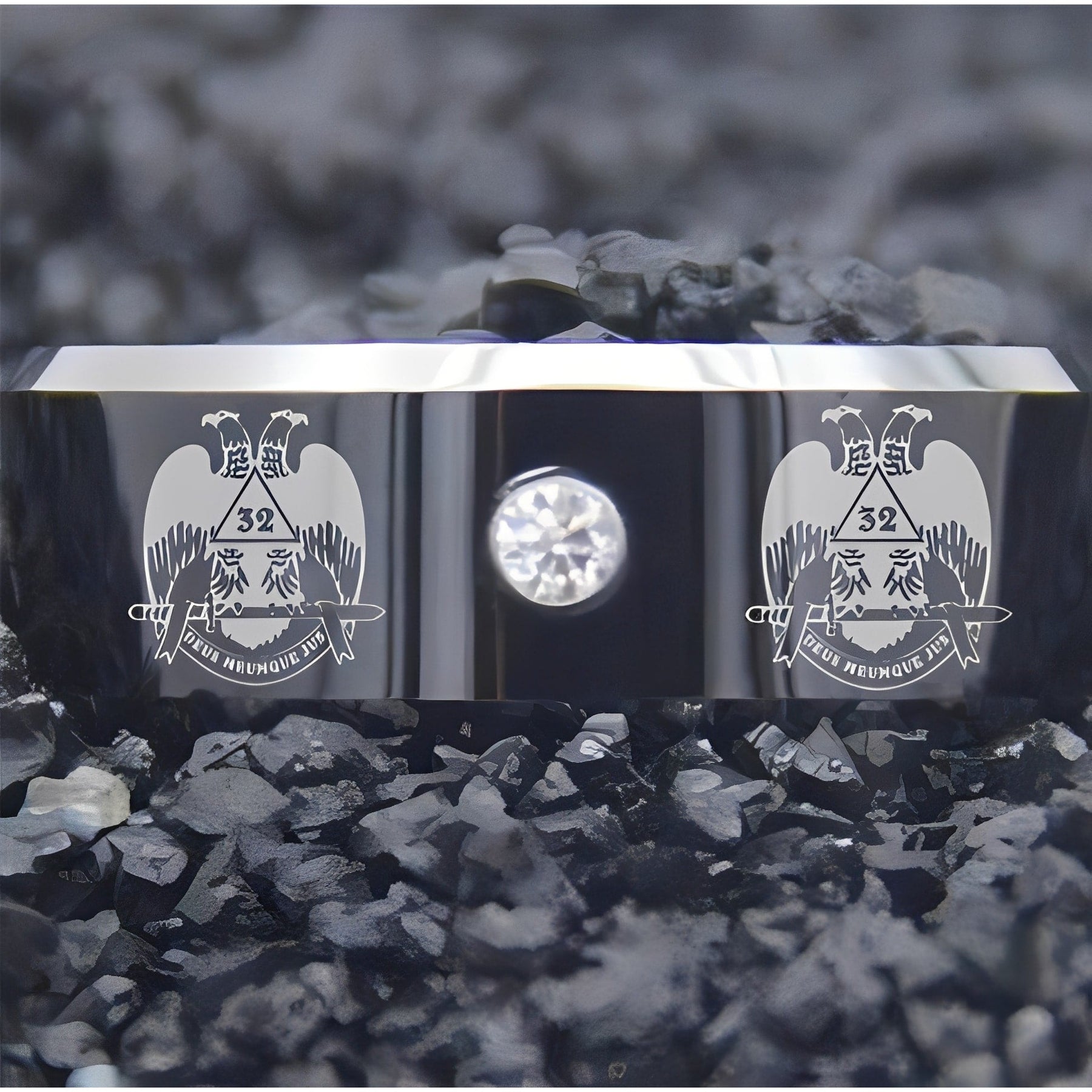 32nd Degree Scottish Rite Ring - Wings Down Black Silver Bevel With CZ Stone