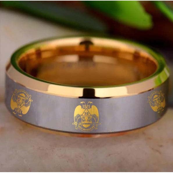 32nd Degree Scottish Rite Ring - Wings Down Gold Beveled Tungsten Personalizable