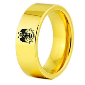 32nd Degree Scottish Rite Ring - Wings Down Gold Color Pipe Cut Tungsten Personalizable
