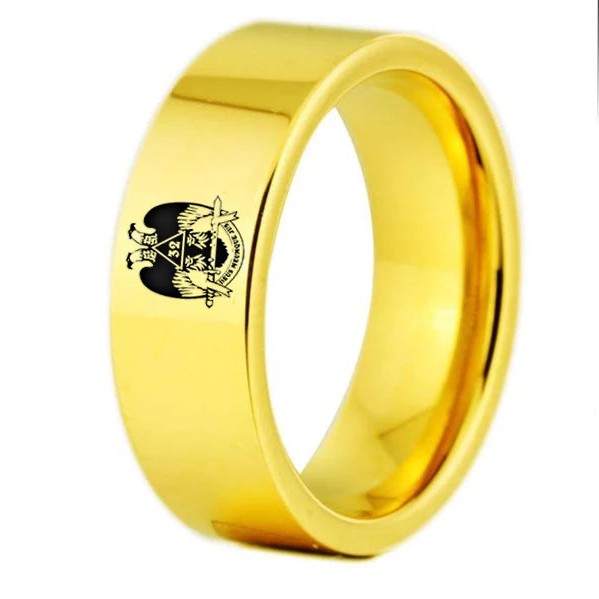 32nd Degree Scottish Rite Ring - Wings Down Gold Color Pipe Cut Tungsten Personalizable