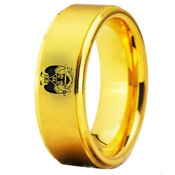 32nd Degree Scottish Rite Ring - Wings Down Gold Tungsten Personalizable