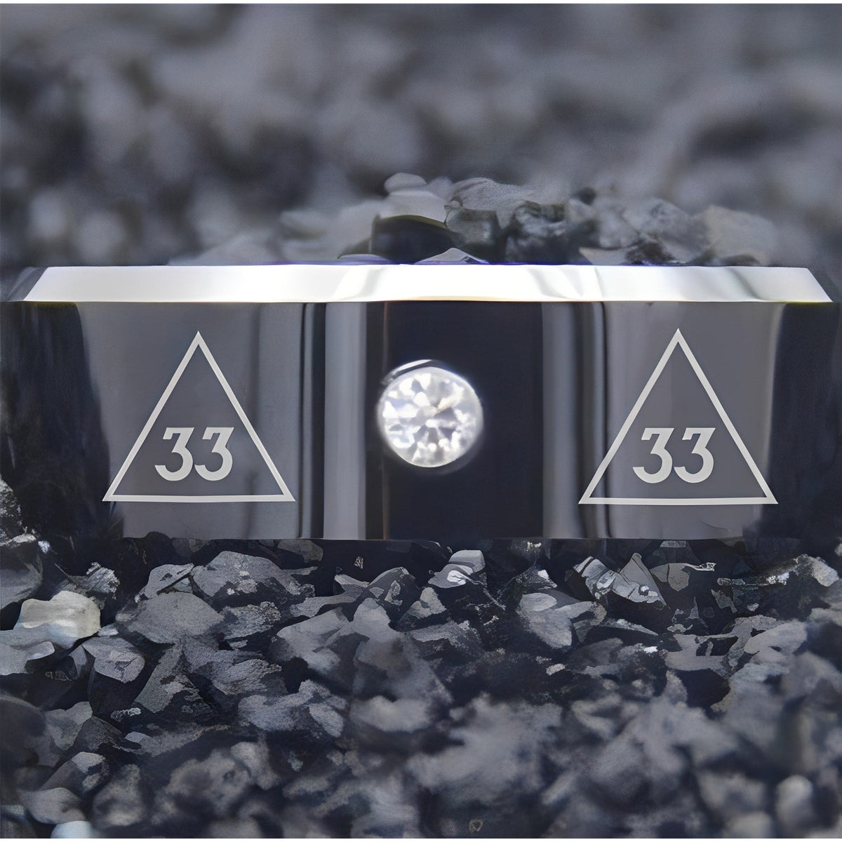 33rd Degree Scottish Rite Ring - Black Silver Bevel With CZ Stone