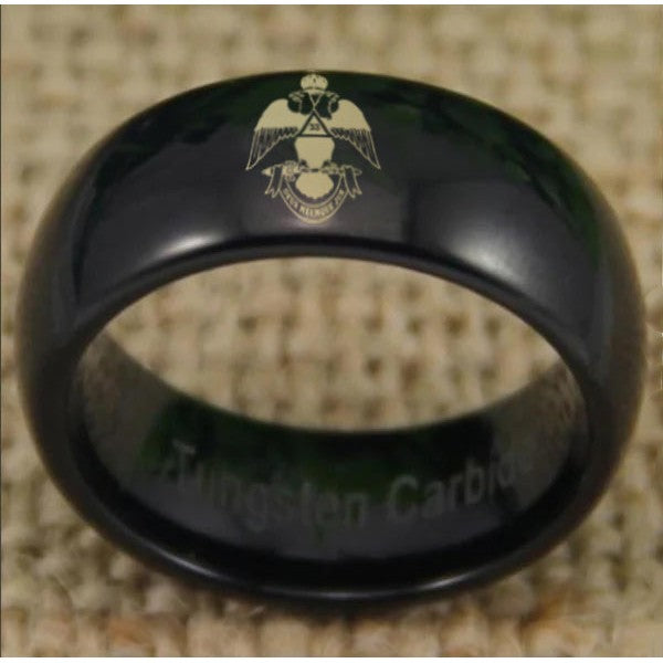 33rd Degree Scottish Rite Ring - Wings Down Black Dome Tungsten Personalizable