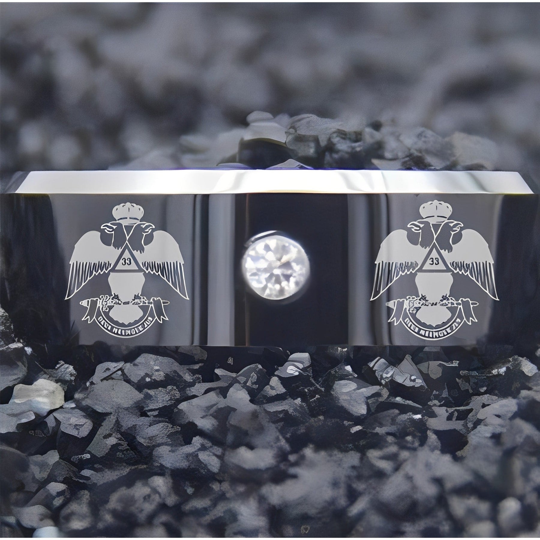 33rd Degree Scottish Rite Ring - Wings Down Black Silver Bevel With CZ Stone
