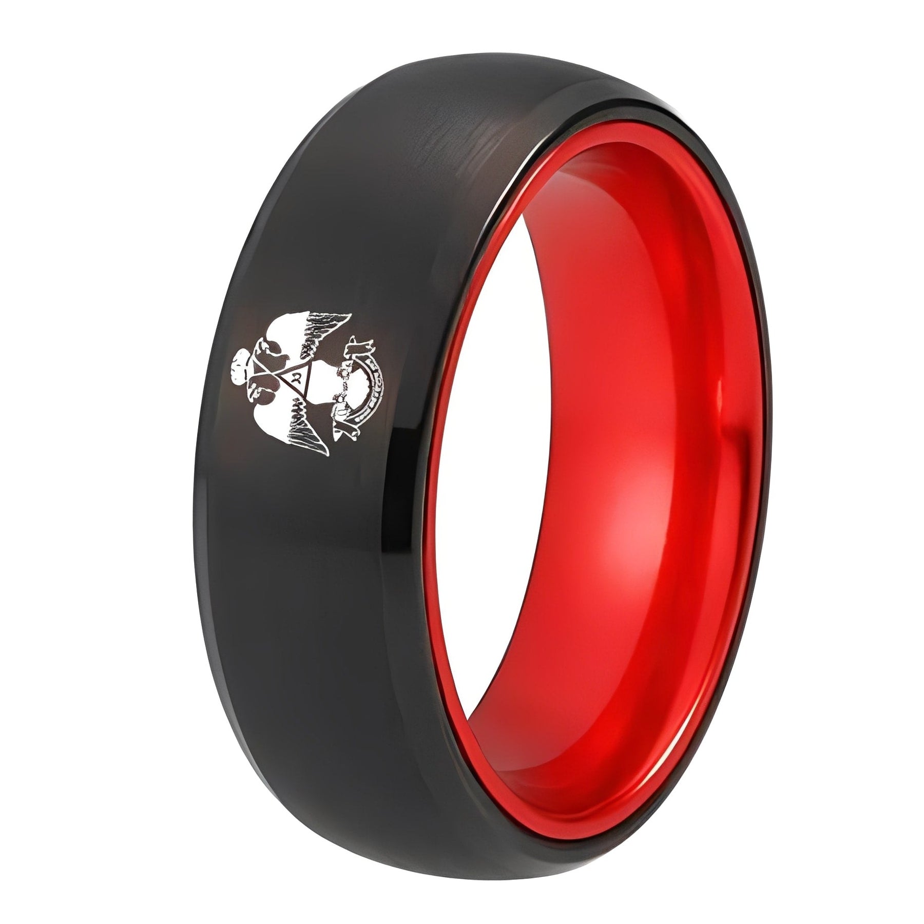 33rd Degree Scottish Rite Ring - Wings Down Black Tungsten With Red Aluminum Inlay Personalizable