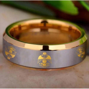 33rd Degree Scottish Rite Ring - Wings Down Gold Beveled Tungsten Personalizable