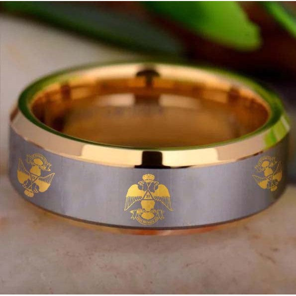 33rd Degree Scottish Rite Ring - Wings Down Gold Beveled Tungsten Personalizable