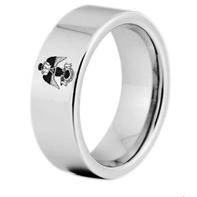33rd Degree Scottish Rite Ring - Wings Down Silver Color Pipe Cut Tungsten Personalizable
