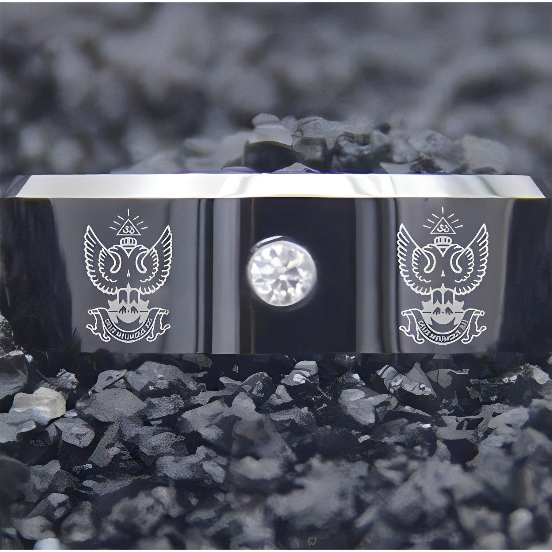 33rd Degree Scottish Rite Ring -  Wings Up Black Silver Bevel With CZ Stone