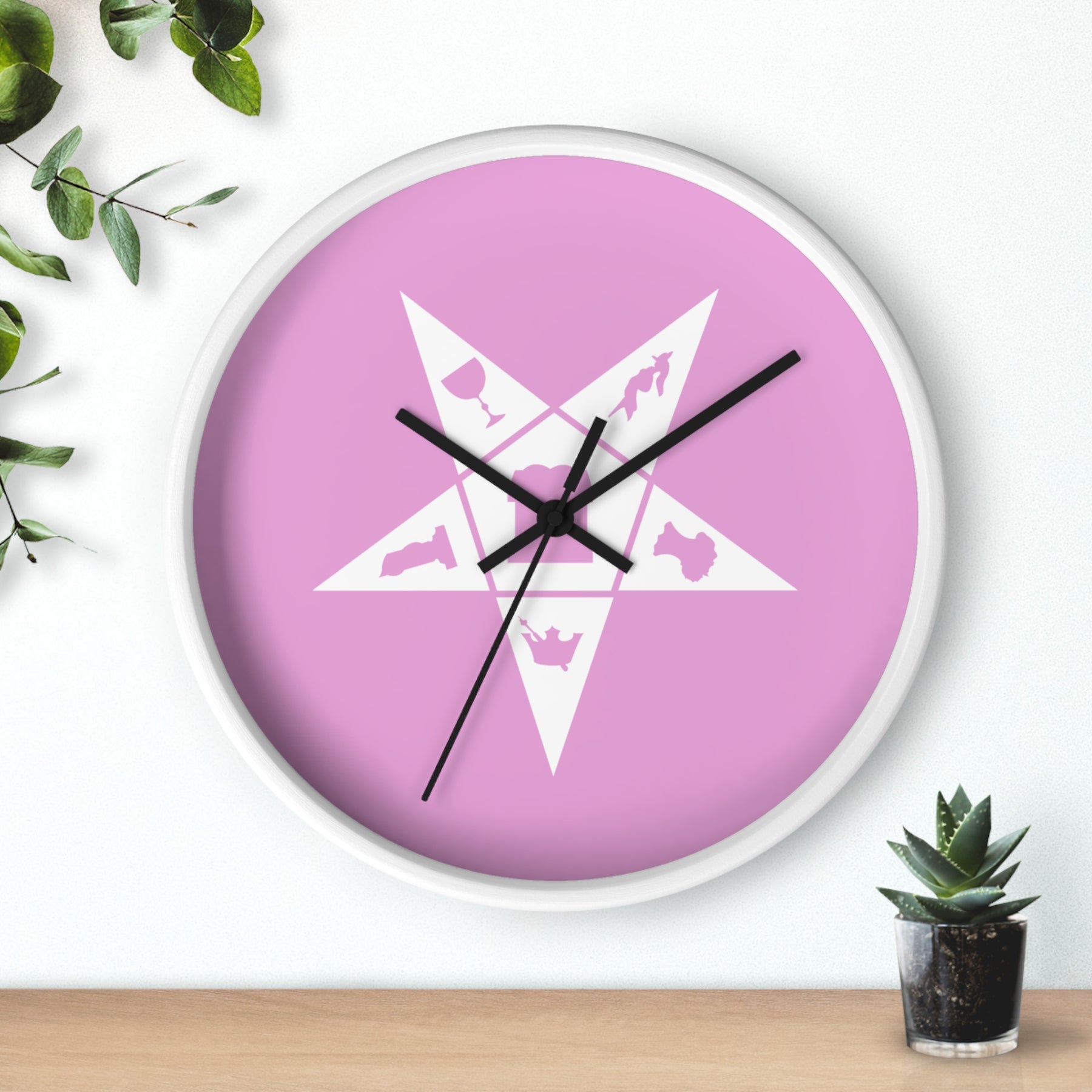 OES Clock - Wood Frame with White OES Emblem on Pink Dial - Bricks Masons