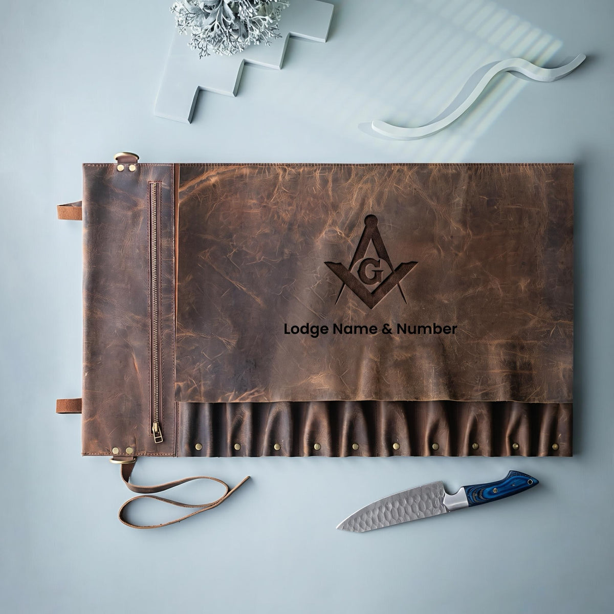 Master Mason Blue Lodge Knife Roll - S&C G 10 Slot Custom Leather Roll - Bricks Masons