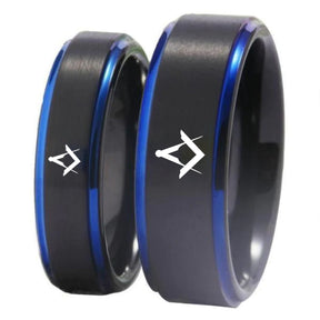 Master Mason Blue Lodge Ring - Black Blue Tungsten Personalizable - Bricks Masons