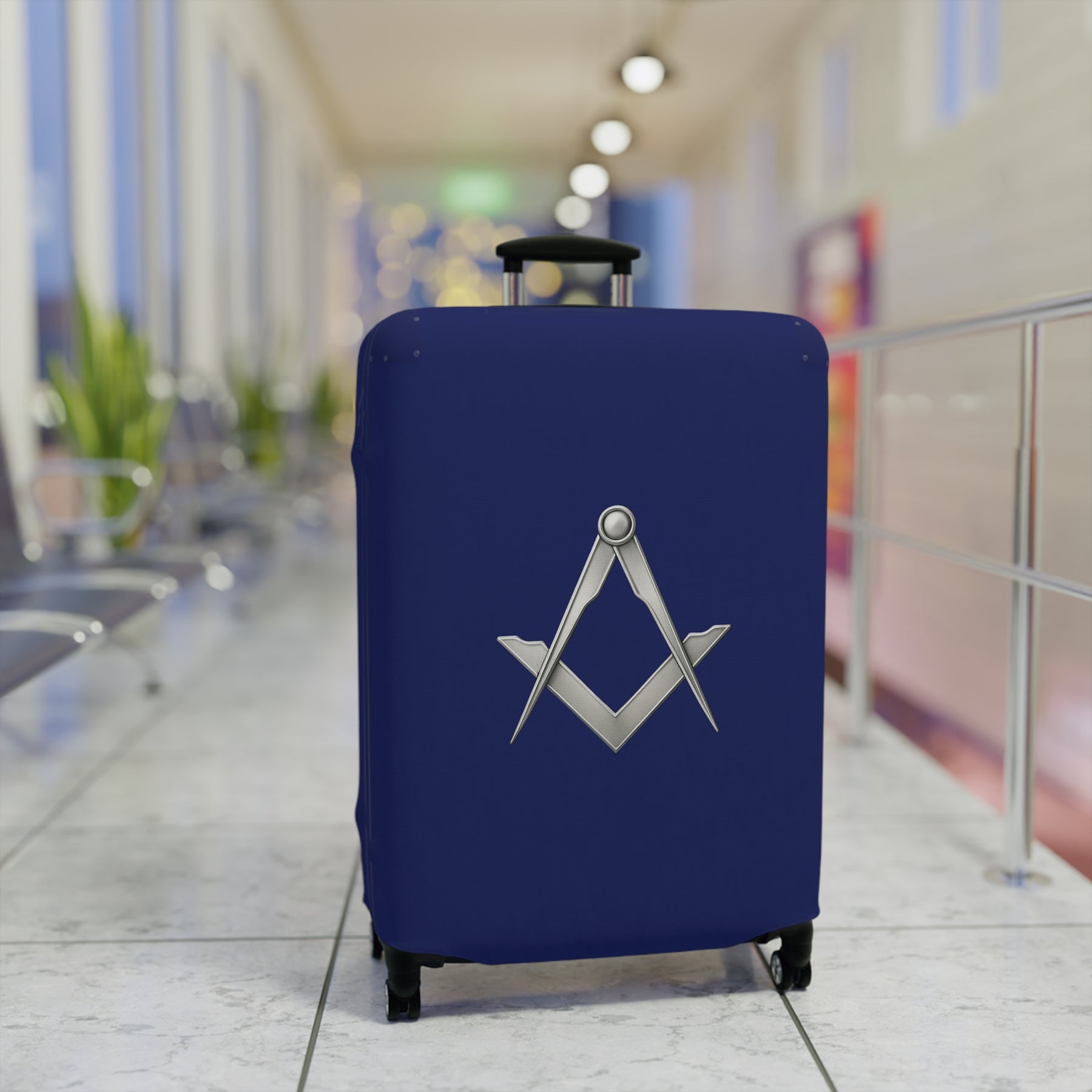 Master Mason Blue Lodge Luggage Cover - Blue with Silver Square & Compasses Emblem