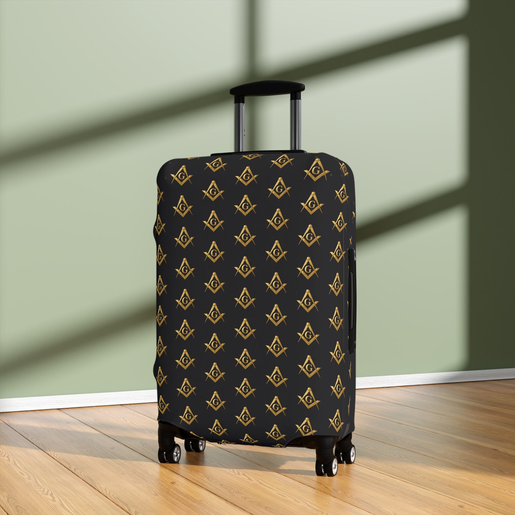 Master Mason Blue Lodge Luggage Cover - Gold Square & Compasses G Emblem Print
