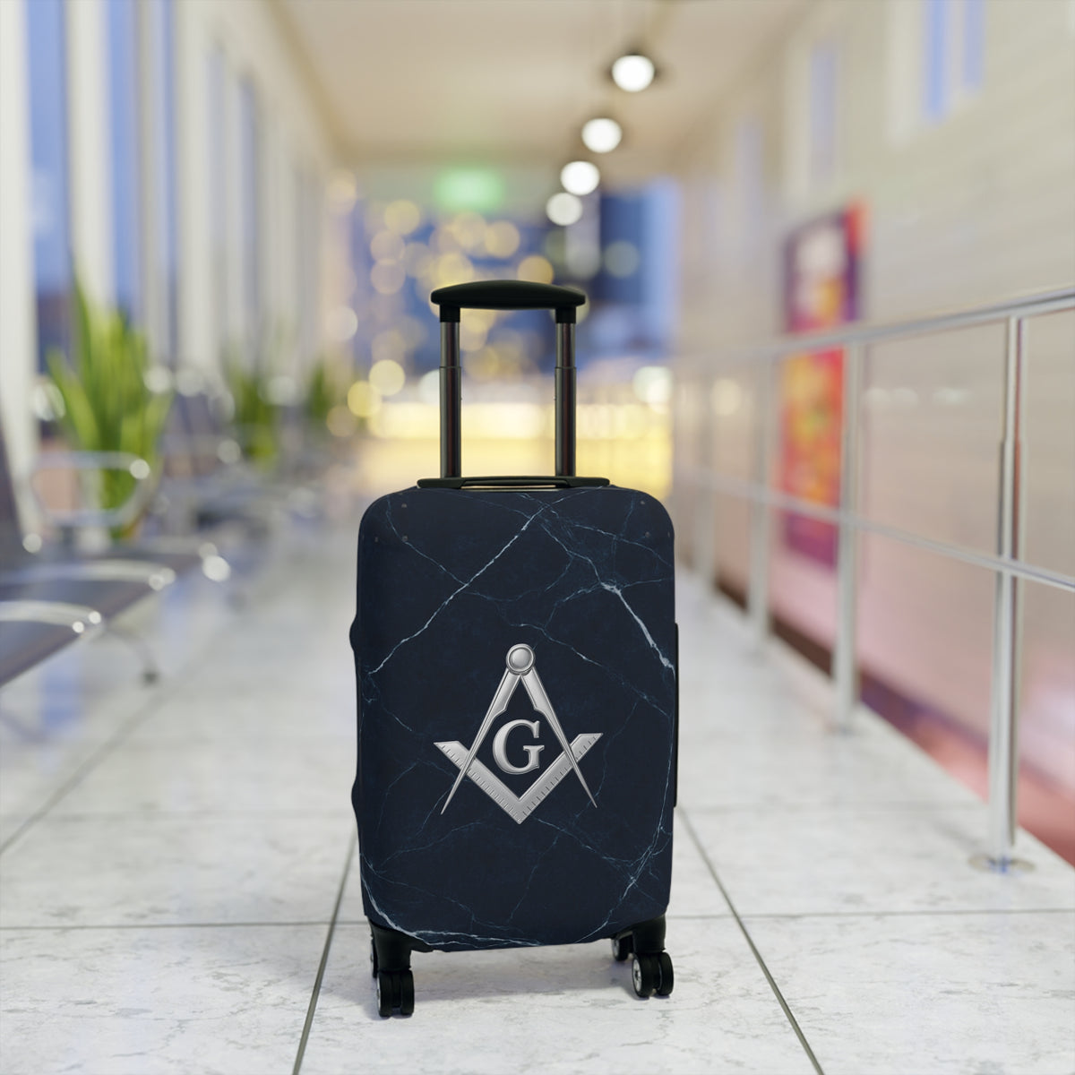 Master Mason Blue Lodge Luggage Cover - Silver Square & Compasses with G Emblem