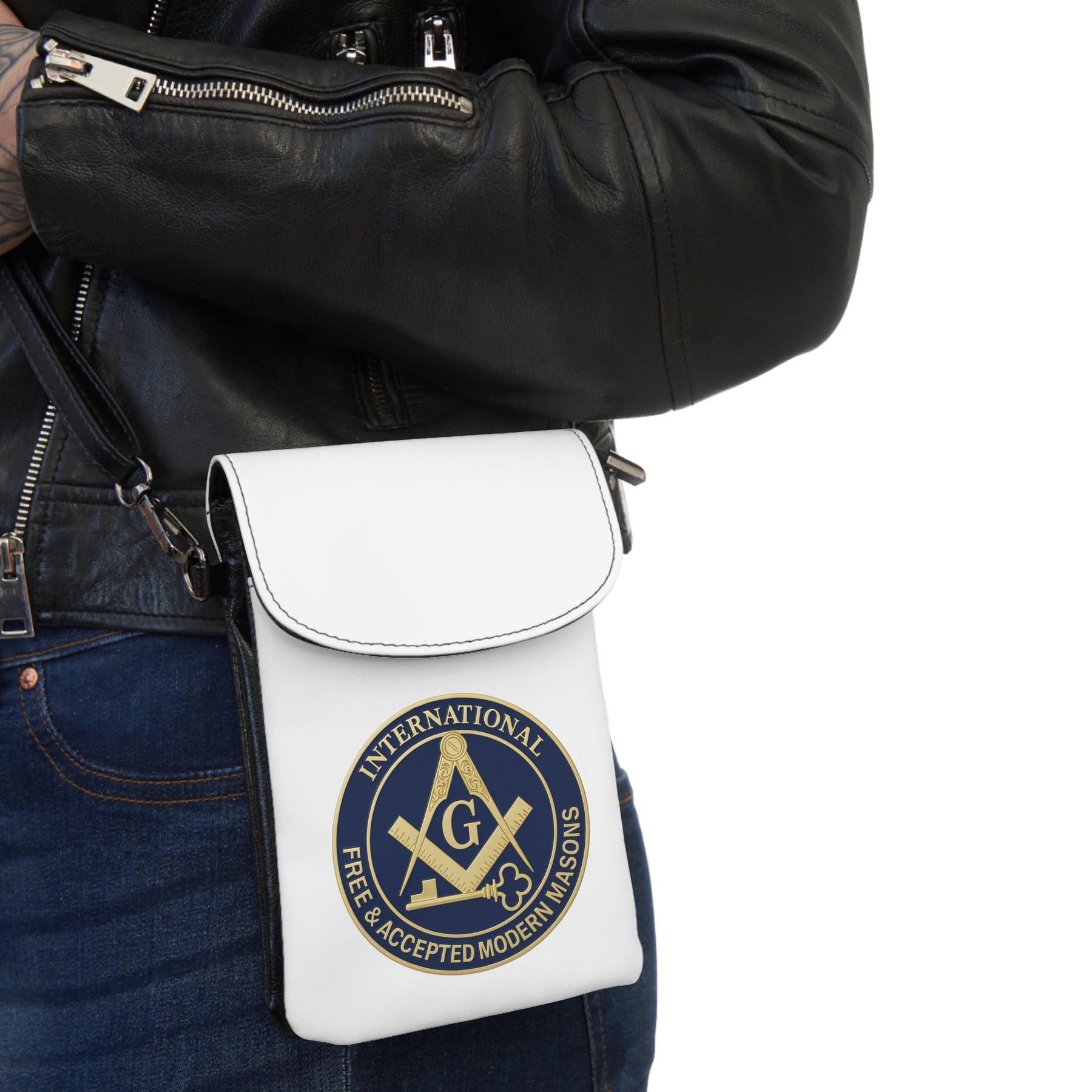 International Masons Cell Phone Wallet - White Microfiber Leather Hands-Free Wallet - Bricks Masons