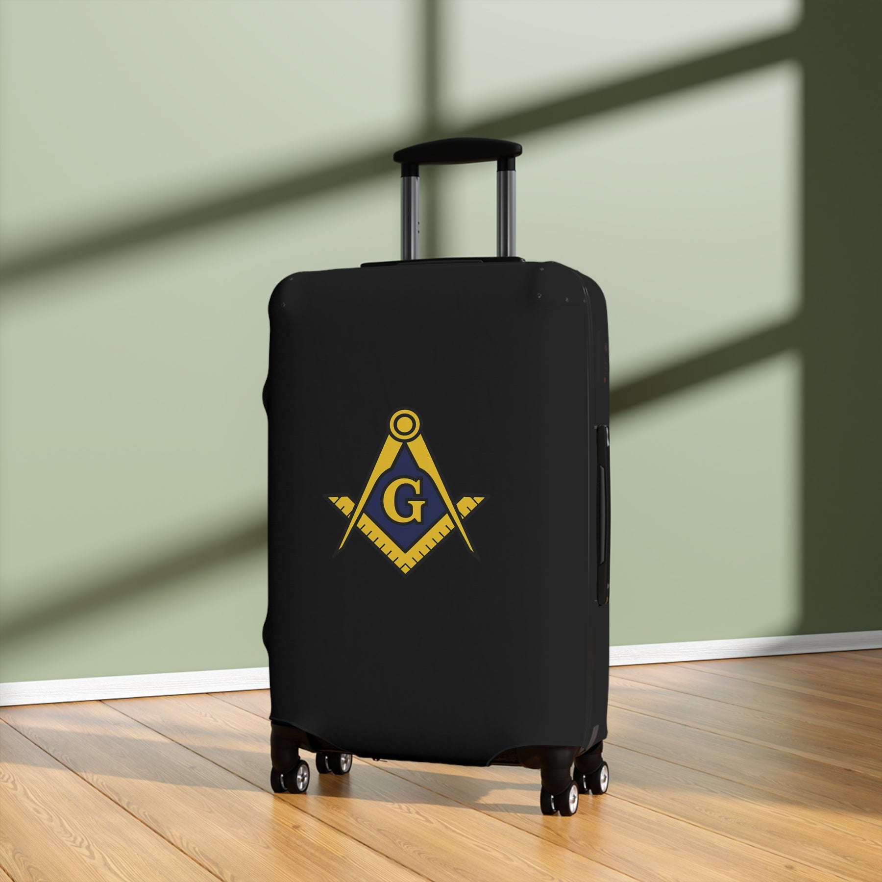 Master Mason Blue Lodge Luggage Cover - Blue & Yellow Square & Compasses G Emblem