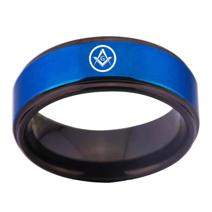 Master Mason Blue Lodge Ring - Blue Tungsten Personalizable - Bricks Masons