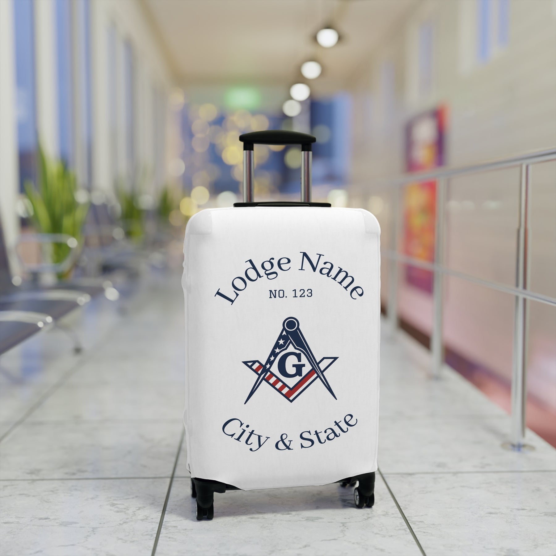 Master Mason Blue Lodge Luggage Cover - S&C G American Flag Print with Customization