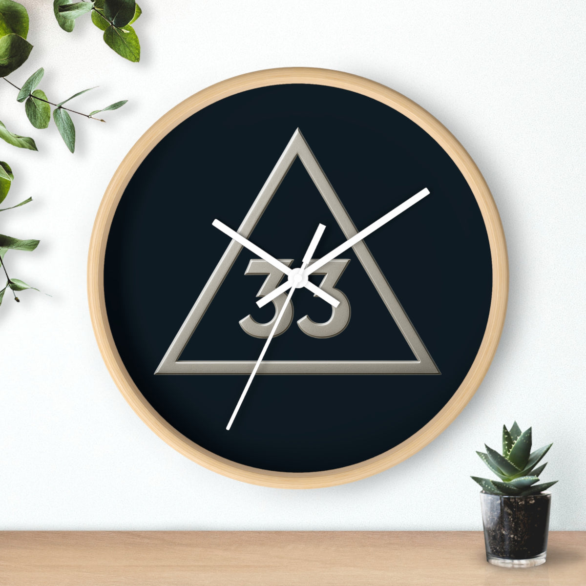 33rd Degree Scottish Rite Clock - Silver Triangle with 33 on Wooden Frame - Bricks Masons