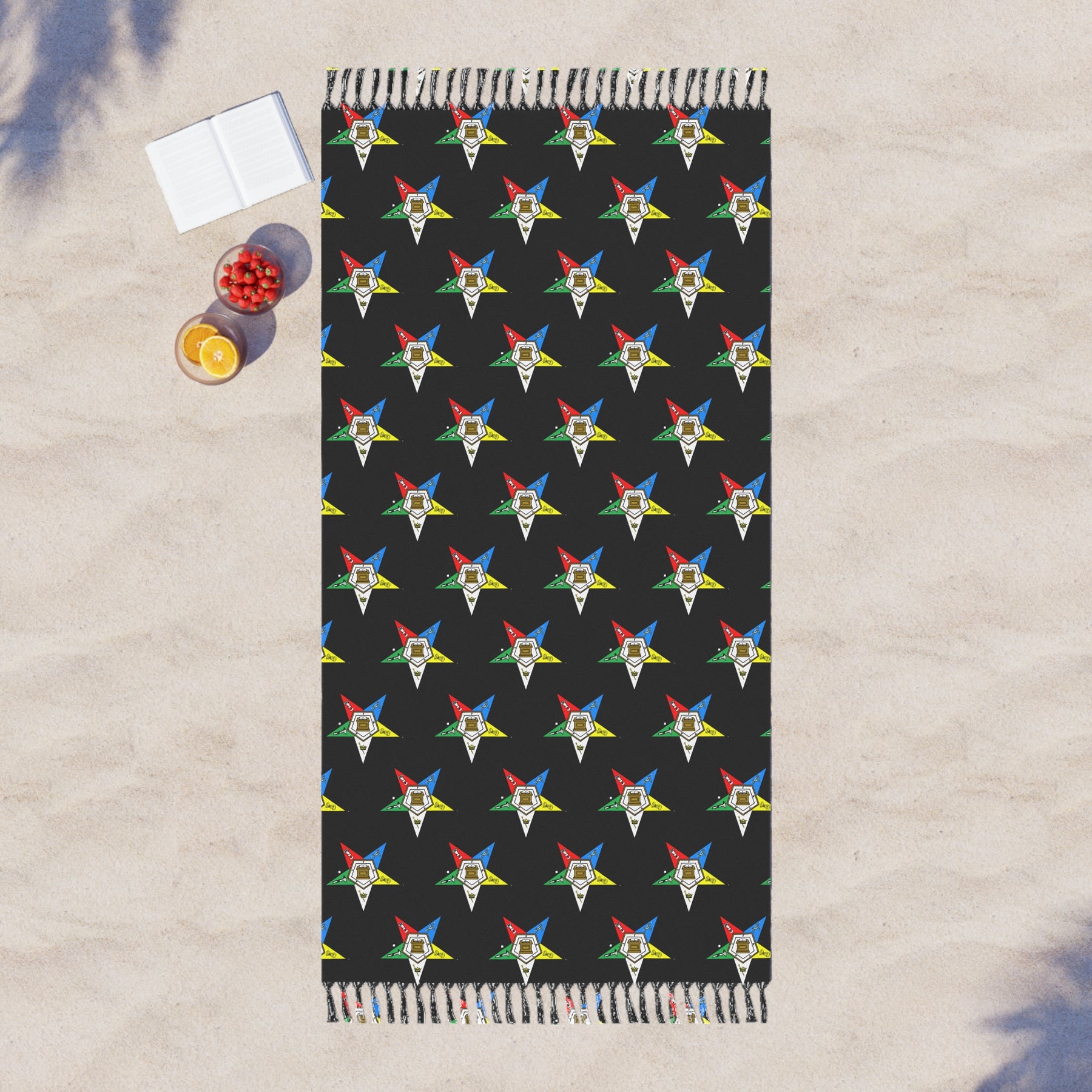 OES Towel - Black Polyester Colorful Stars With Knotted Tassels - Bricks Masons
