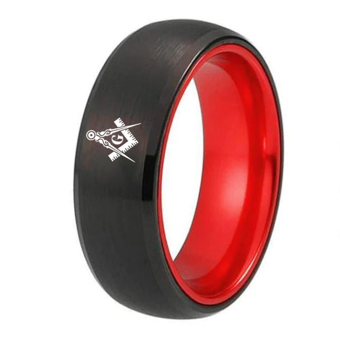 Master Mason Blue Lodge Ring - Black Tungsten With Red Aluminum Inlay Personalizable - Bricks Masons