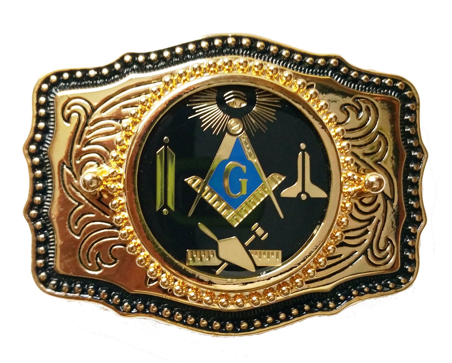 Master Mason Blue Lodge Belt Buckle - Blue Raised Square & Compass