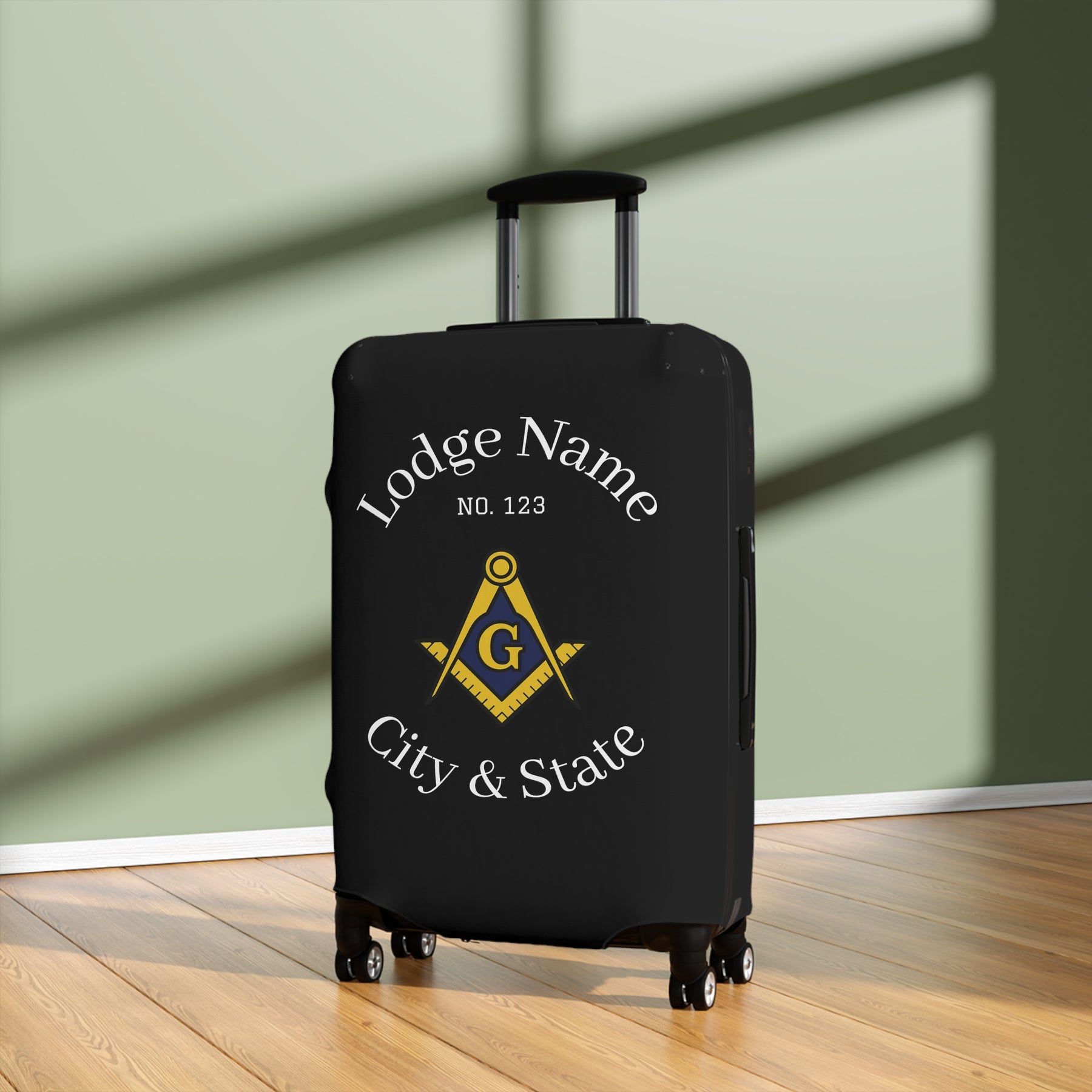 Master Mason Blue Lodge Luggage Cover - S&C G Emblem with Personalization