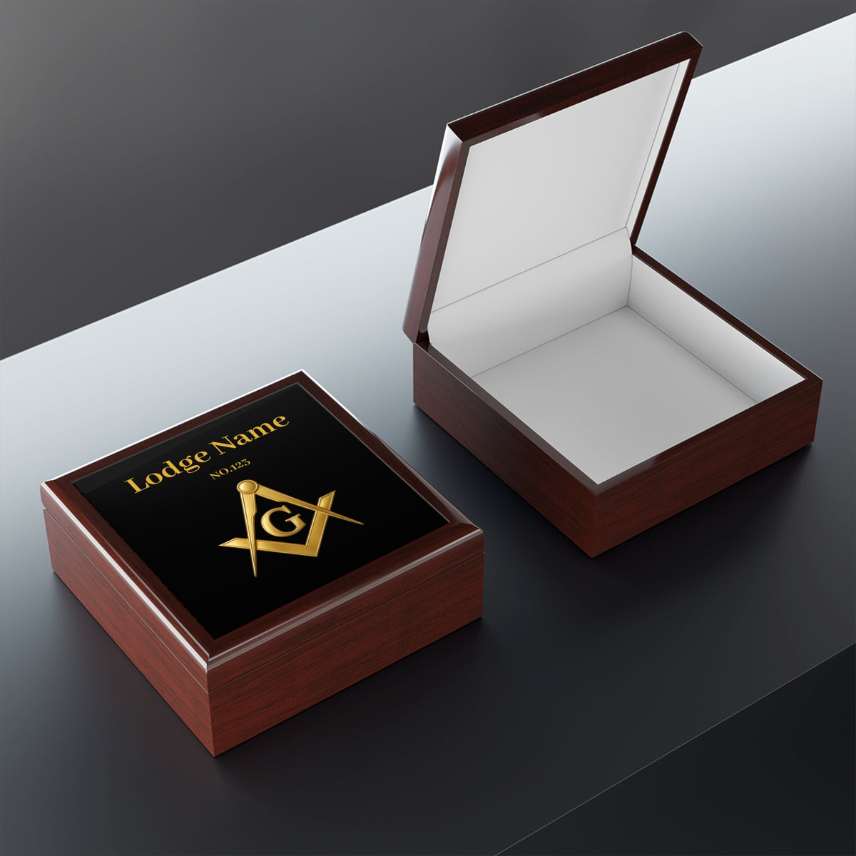 Master Mason Blue Lodge Jewelry Box - Gold Square & Compasses G with Personalization