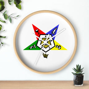 OES Clock - White Dial with Star Emblem in Wooden Frame - Bricks Masons