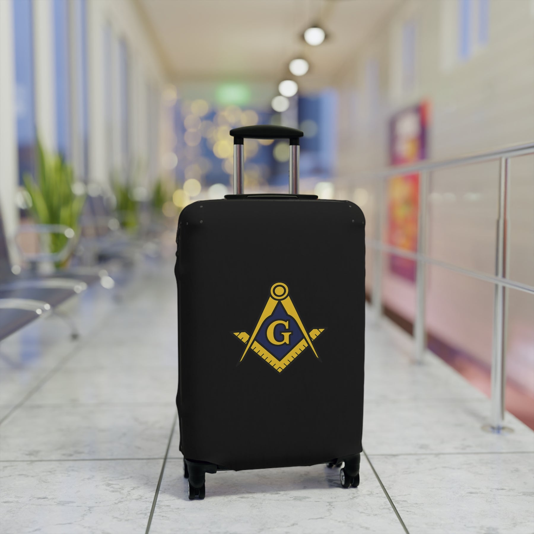 Master Mason Blue Lodge Luggage Cover - Blue & Yellow Square & Compasses G Emblem