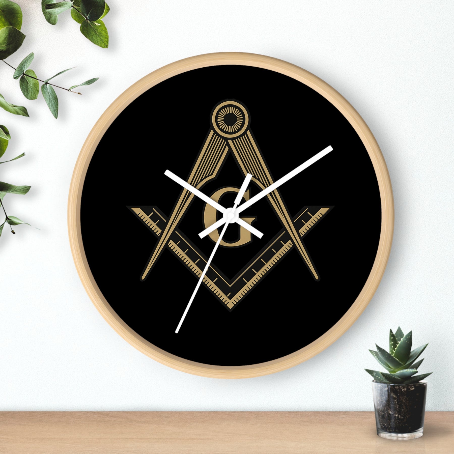 Master Mason Blue Lodge Clock - Golden S&C G on Black Dial - Bricks Masons