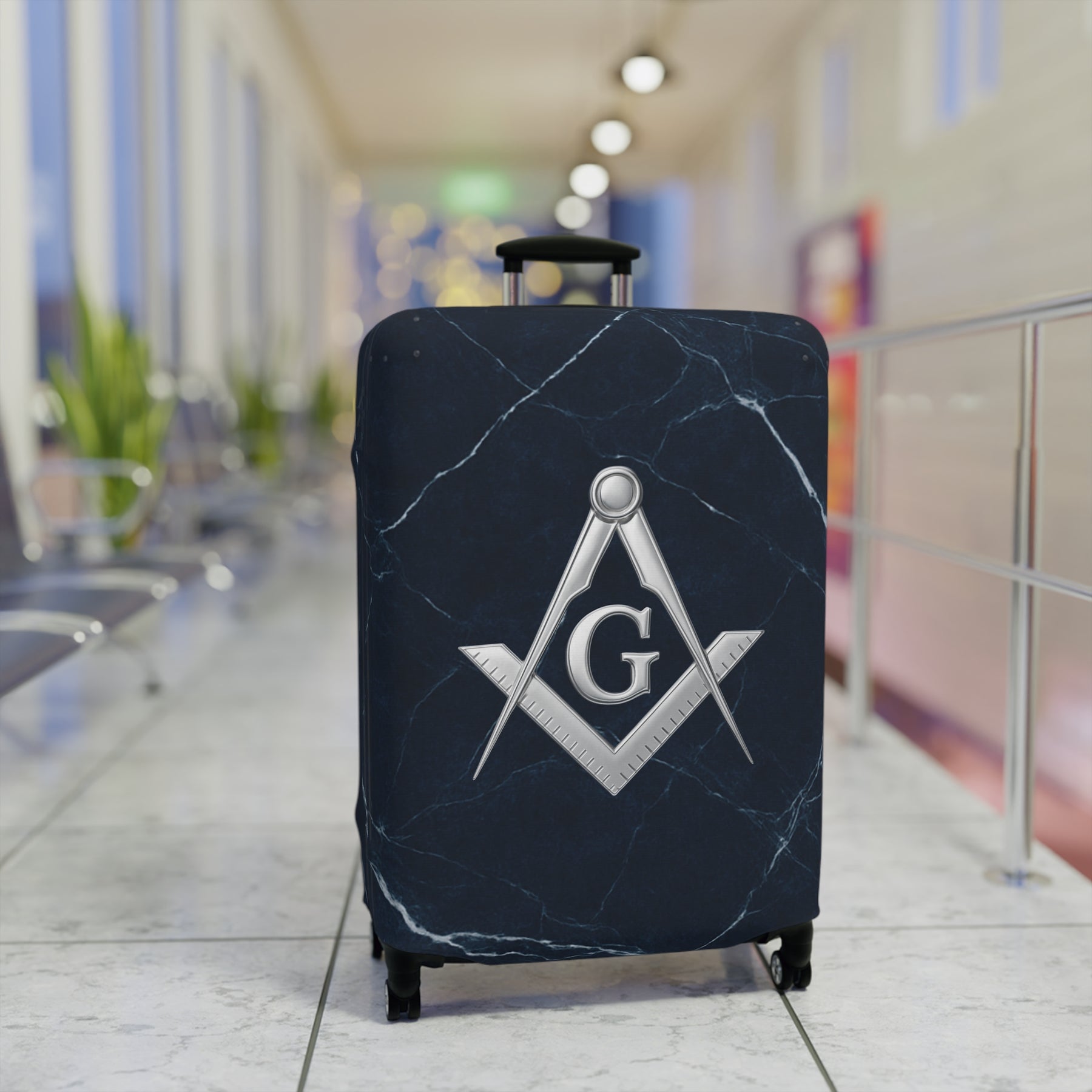 Master Mason Blue Lodge Luggage Cover - Silver Square & Compasses with G Emblem