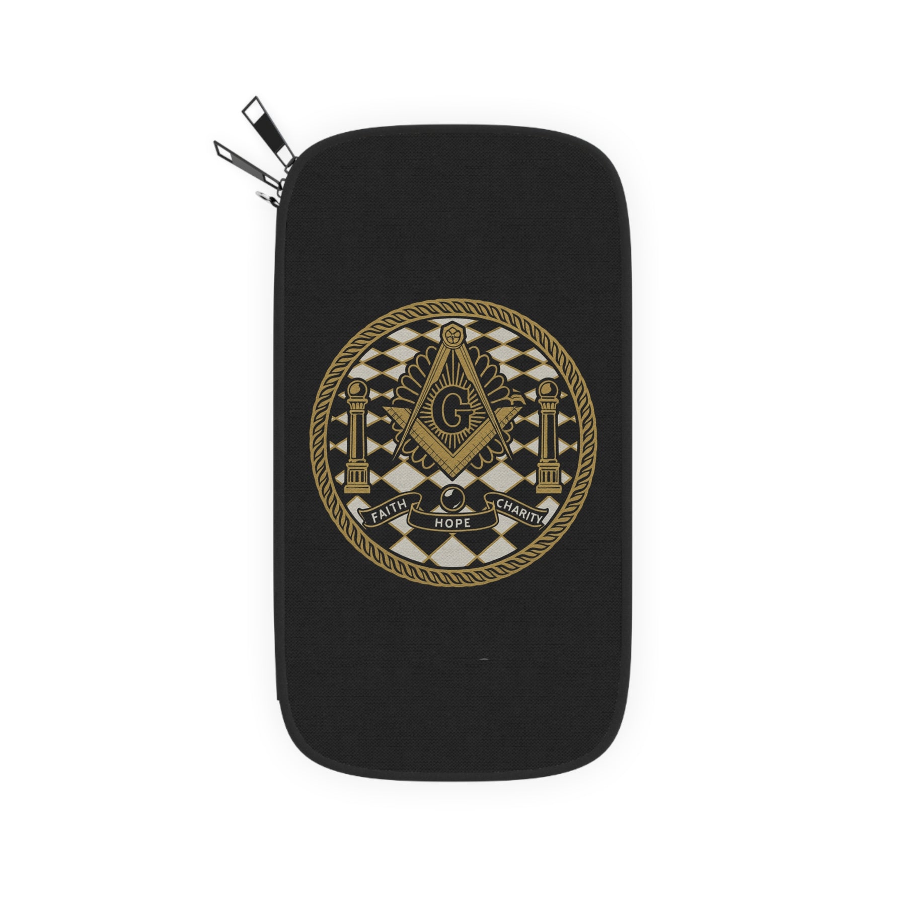 Master Mason Blue Lodge Passport Wallet - Gold & Black Faith Hope Charity - Bricks Masons