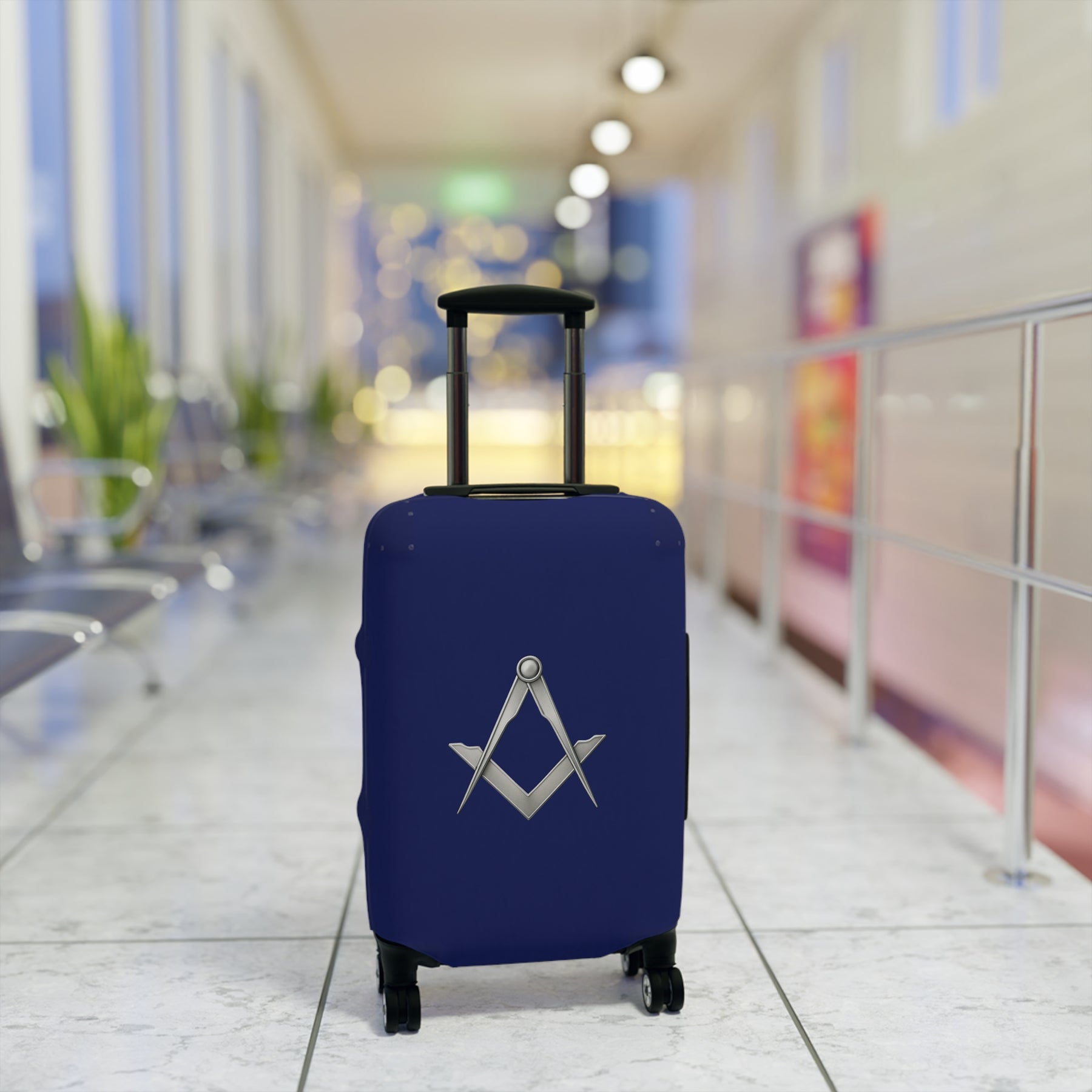 Master Mason Blue Lodge Luggage Cover - Blue with Silver Square & Compasses Emblem