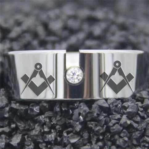 Master Mason Blue Lodge Ring - Silver Pipe With CZ Stone - Bricks Masons