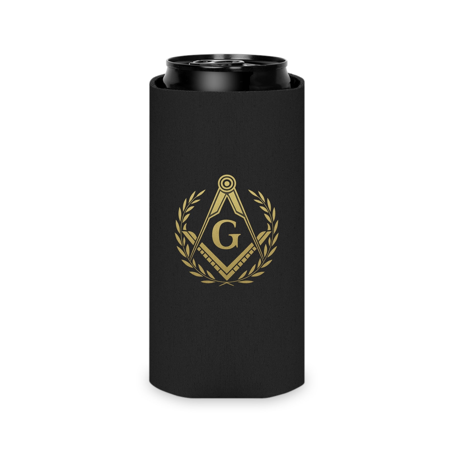 Master Mason Blue Lodge Can Cooler - Gold Square & Compass G With Wreath - Bricks Masons