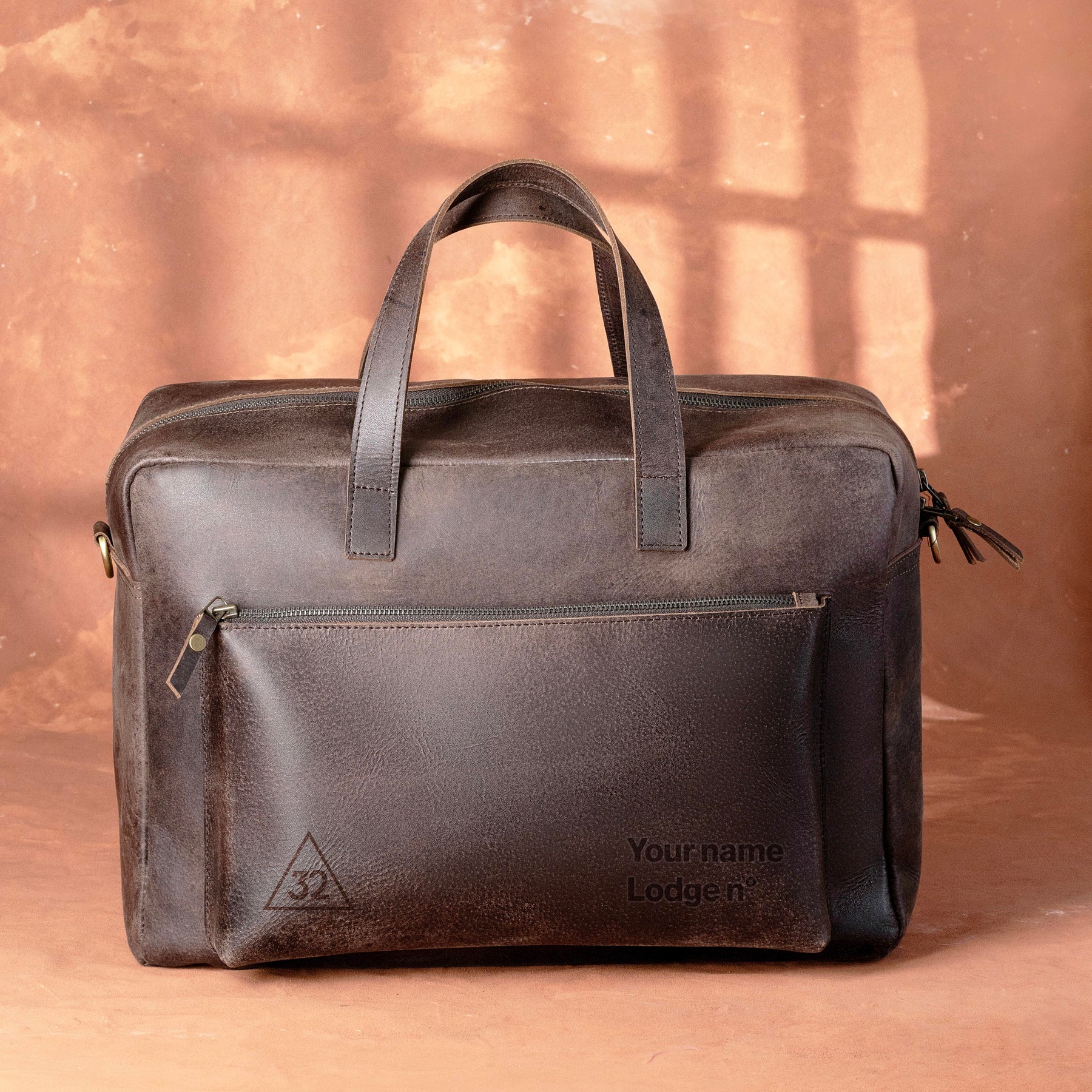 32nd Degree Scottish Rite Briefcase - Dark Brown Cow Leather - Bricks Masons