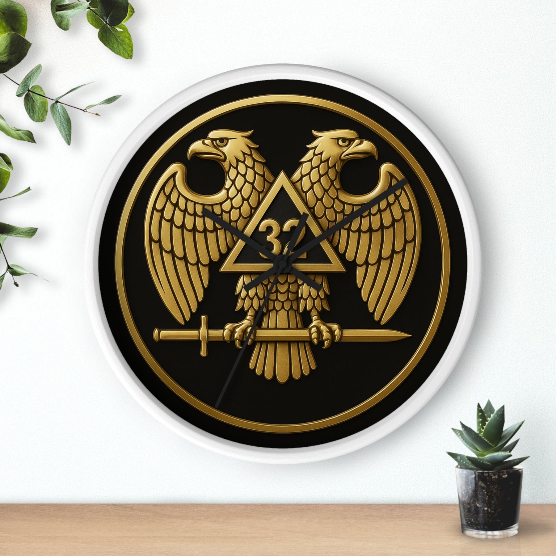 32nd Degree Scottish Rite Clock - Double Headed Eagle Emblem on Wood Frame - Bricks Masons