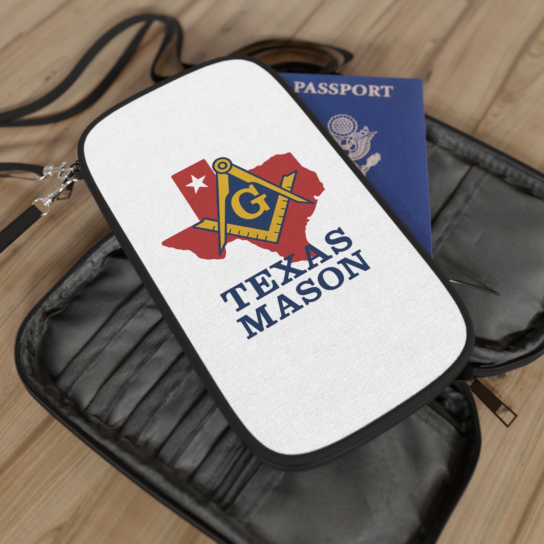Master Mason Blue Lodge Passport Wallet - White Texas Mason With Shoulder & Wrist Strap - Bricks Masons
