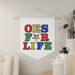OES Pennant - OES for Life on White Polyester Twill With Wooden Dowel - Bricks Masons