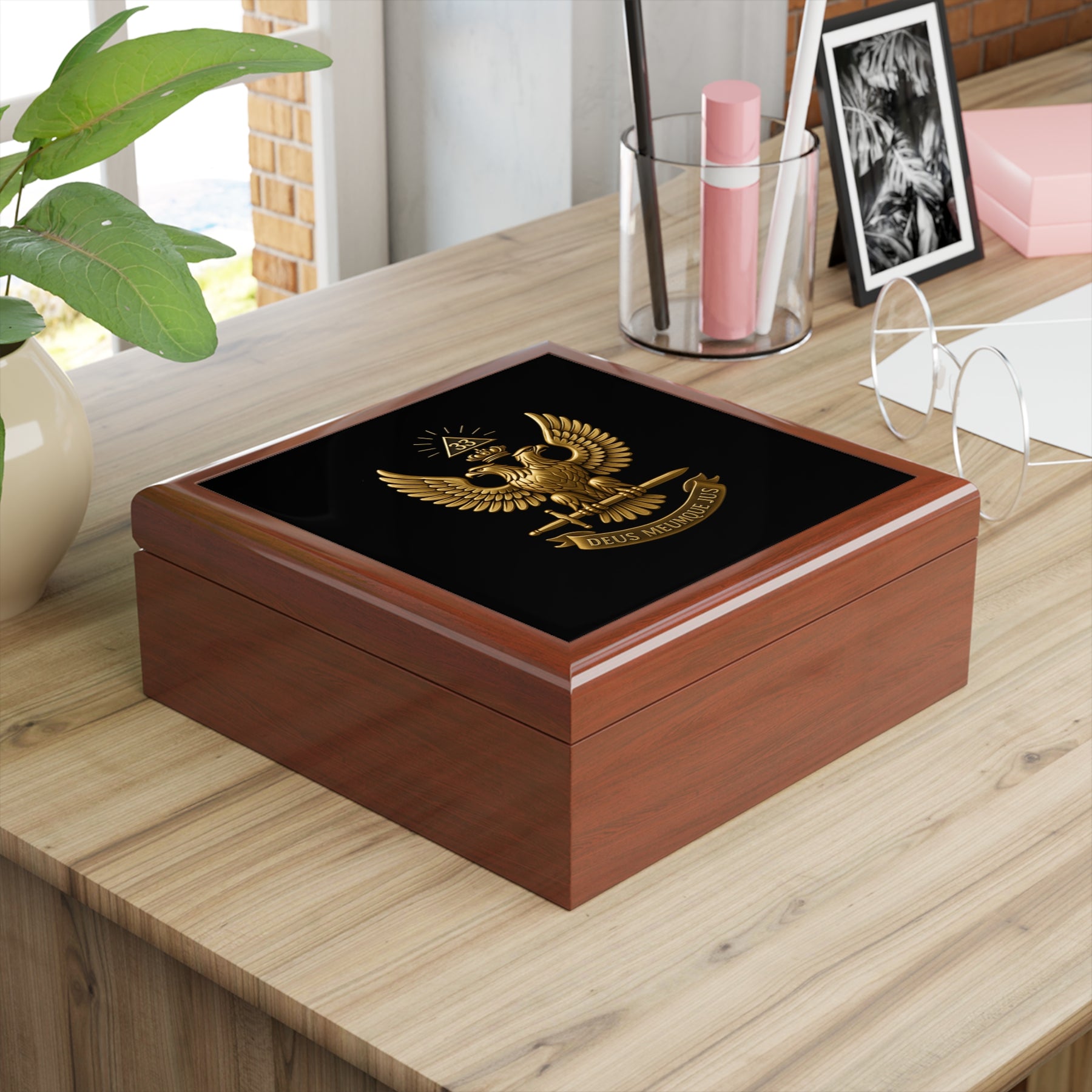 33rd Degree Scottish Rite Jewelry Box - Deus Meumque Jus Wings Up