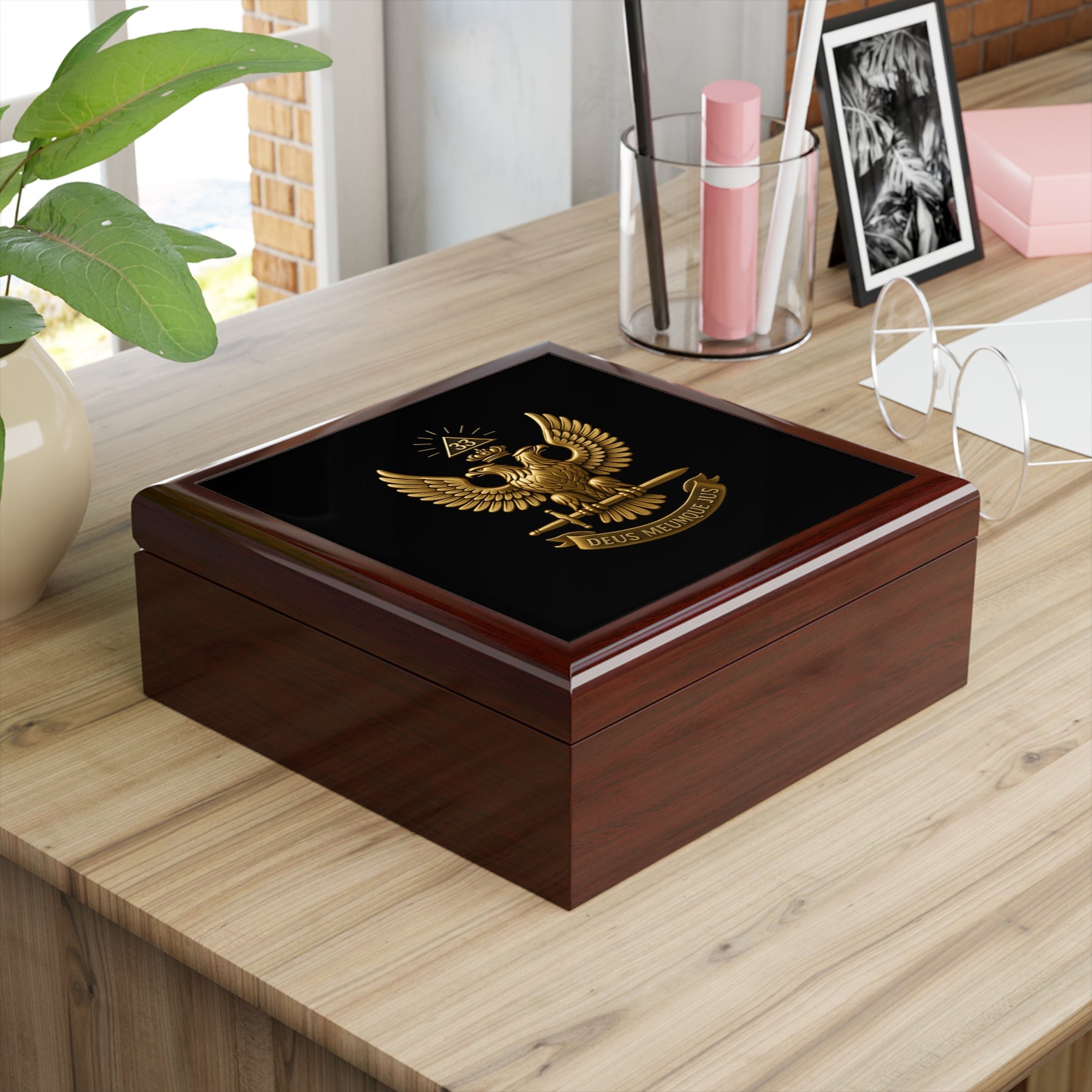 33rd Degree Scottish Rite Jewelry Box - Deus Meumque Jus Wings Up