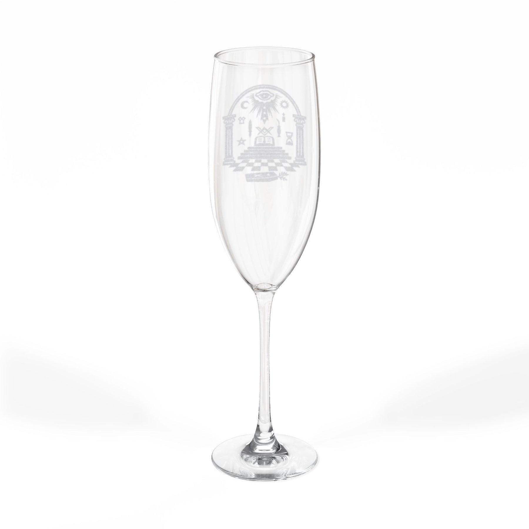 Master Mason Blue Lodge Champagne Flute - Checkered Floor Pillars All-Seeing Eye & Tools