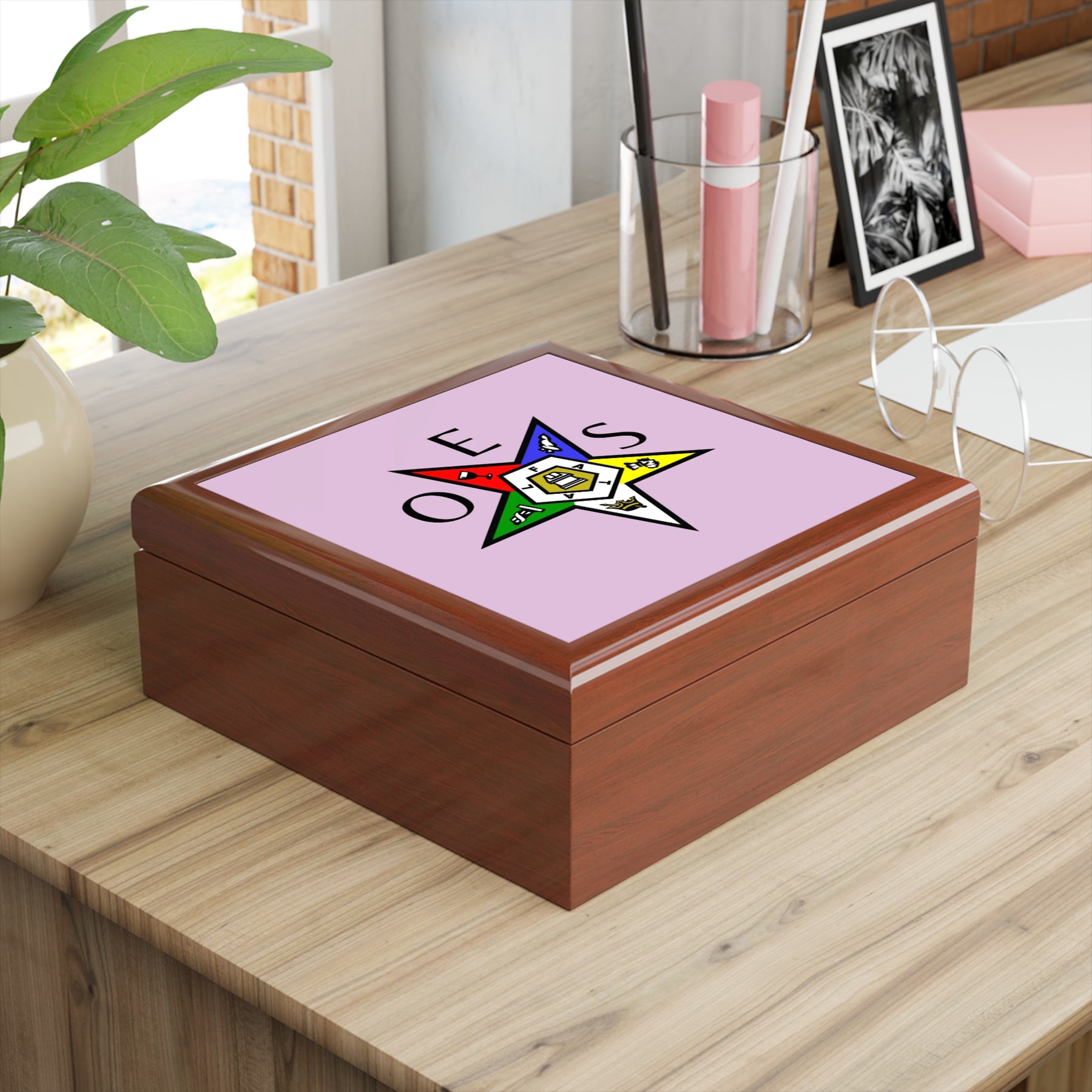 OES Jewelry Box - Eastern Star & Initials Pentagram Down