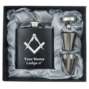 Master Mason Blue Lodge Flask - 2 Shot Glasses & Funnel - Bricks Masons