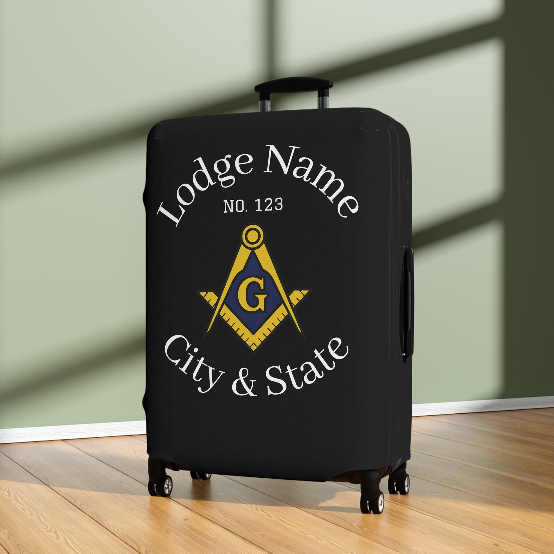 Master Mason Blue Lodge Luggage Cover - S&C G Emblem with Personalization